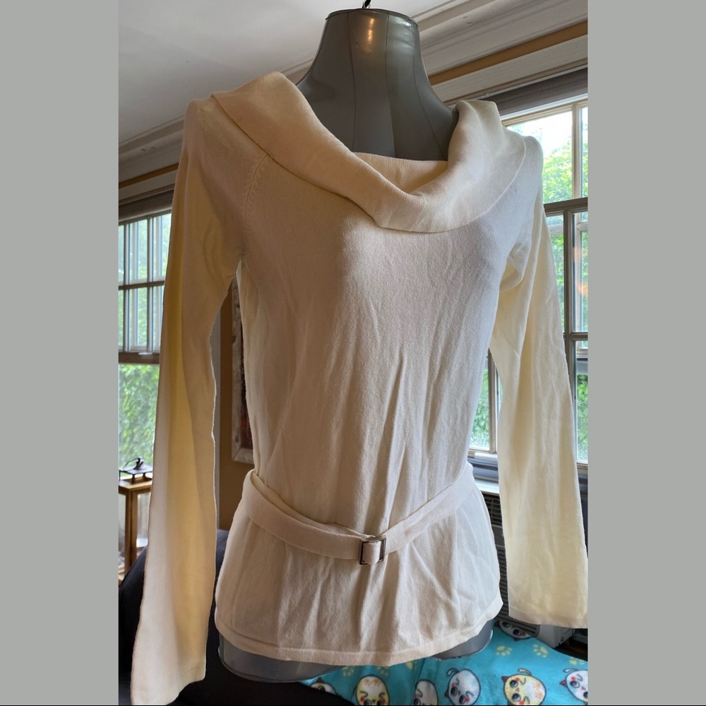 Cream colored cowl neck belted sweater